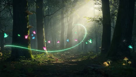 Enchanted Forest with Colorful Butterflies and Ethereal Light: A Captivating Journey Through Nature&#039;s Mystical Beauty