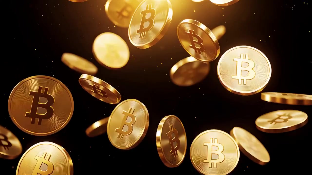 Bitcoin in rotazione su sfondo nero drammatico 4k