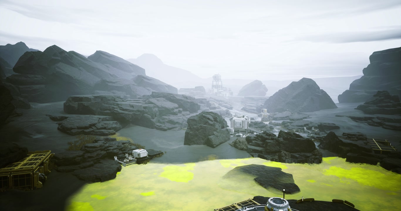 Silent wasteland with buried machines and toxic waterways draining away
