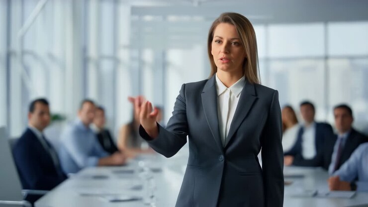 Donna d'affari che conduce una riunione o una presentazione