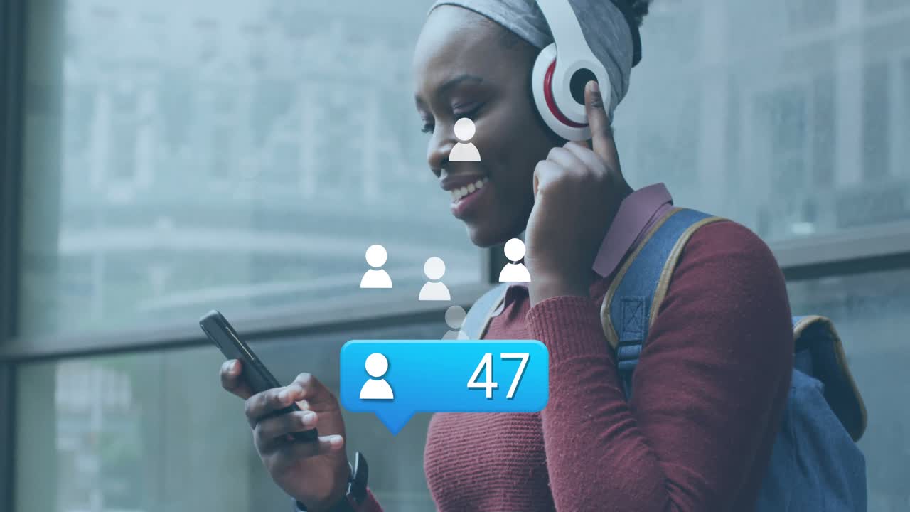 Commuter tapping headphone while checking social media alerts and floating icons rising at station