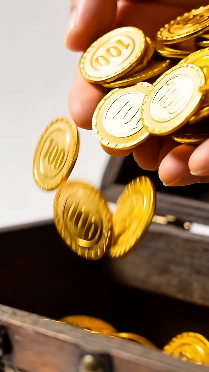 Vertical video: Tilting wrist, hand releasing gold '100' coins into chest on table, filling it