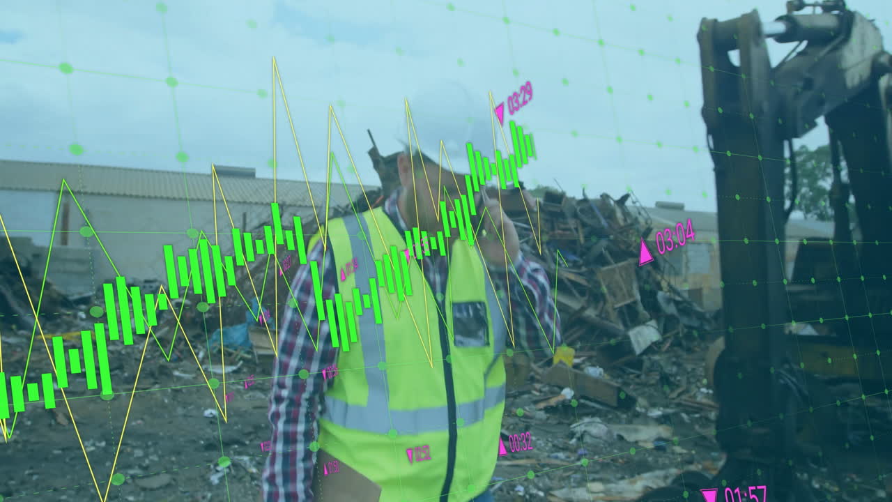 Analyzing financial data animation over construction worker at demolition site