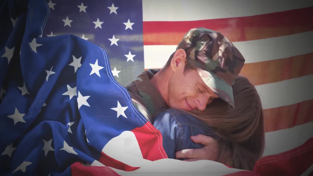 집으로 돌아오는 미국 군인을 안아주는 아이를 보여주는 개념적인 디지털 애니메이션 4k