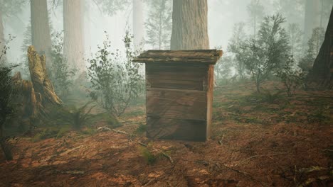 Old-wooden-beehive-in-forest-in-fog