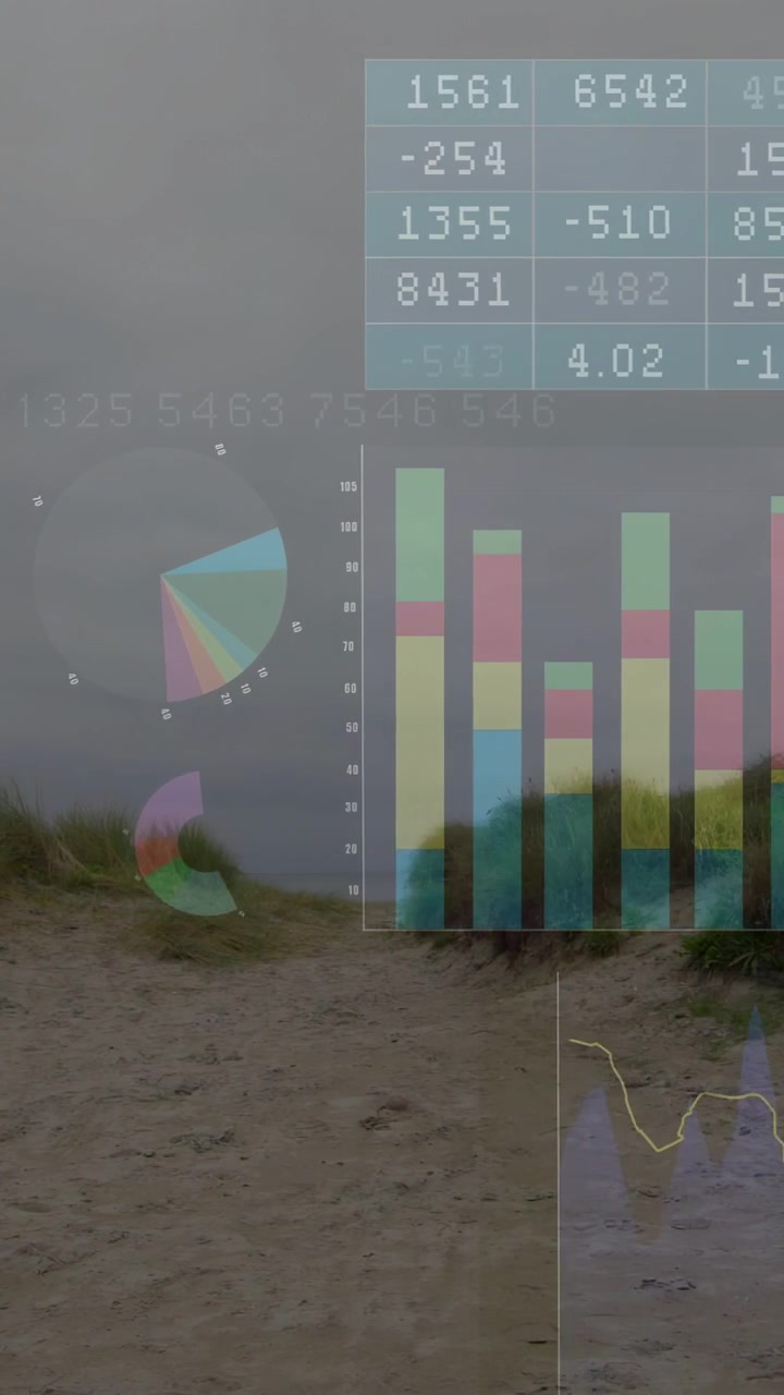 Vertical video: On analytics update, dashboard animating charts and table over dunes showing trends