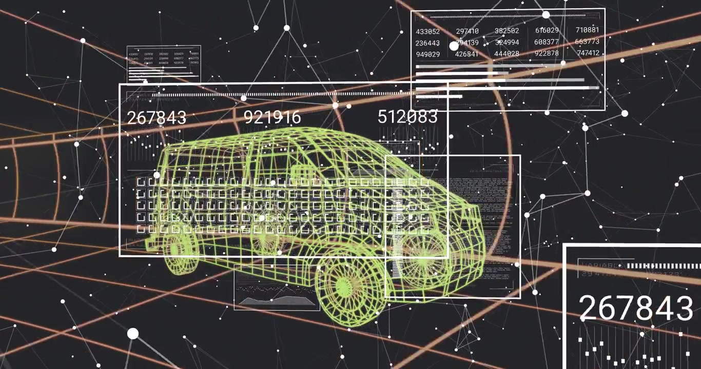 Digital Wireframe Van Moving Through Futuristic Data Tunnel