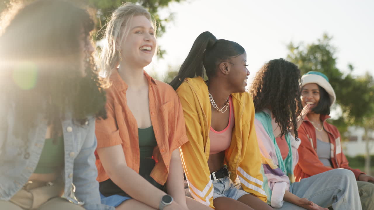 amigos, grupo o riendo al aire libre