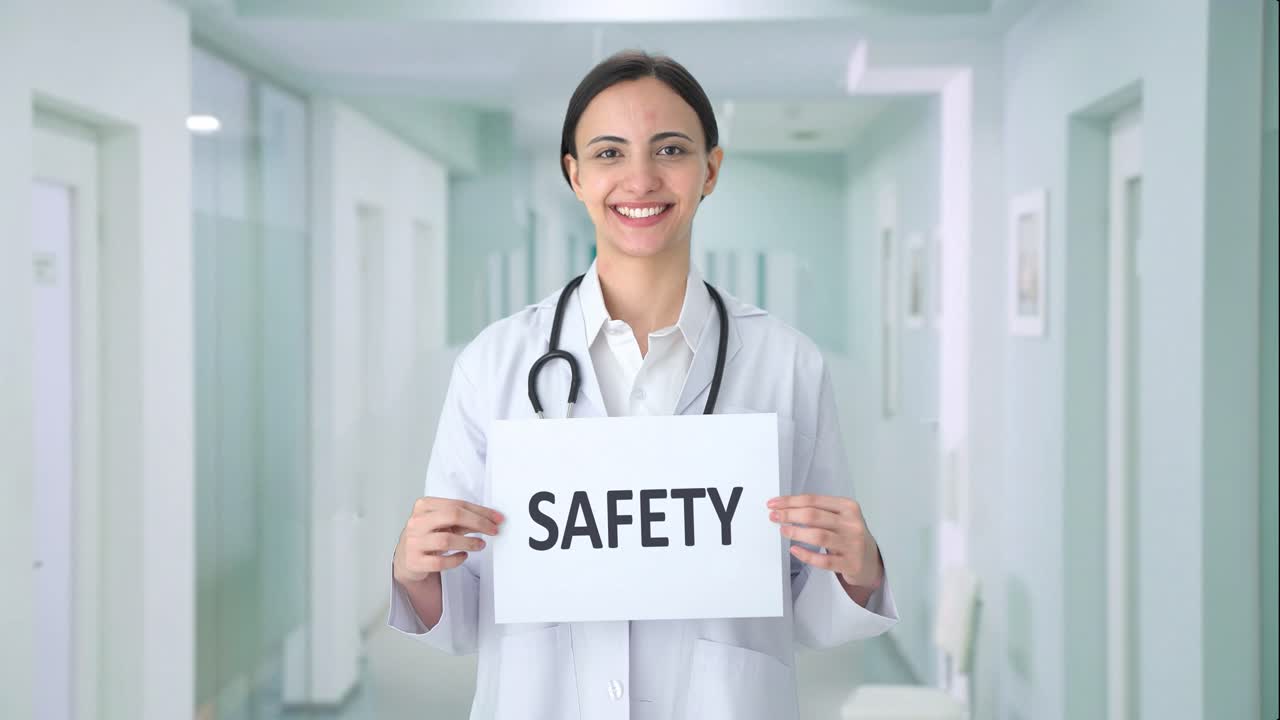 안전 배너를 들고 있는 행복한 인도 여성 의사