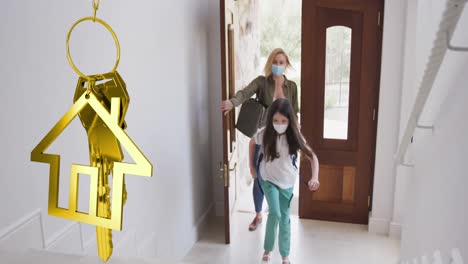 Animation-of-keys-over-caucasian-woman-and-her-daughter-wearing-face-masks-opening-door