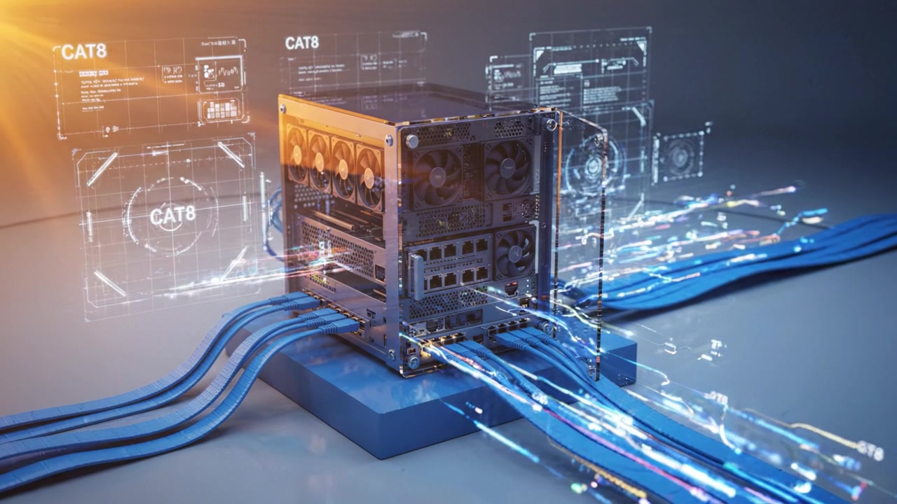 Advanced Networking Hub Radiating Connectivity with Cat8 Cables for High-Speed Data Transfer, Showcasing Modern Tech Integration and Futuristic Design Elements