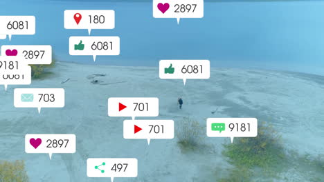 animation of social media icons with numbers over man walking with his dog on beach