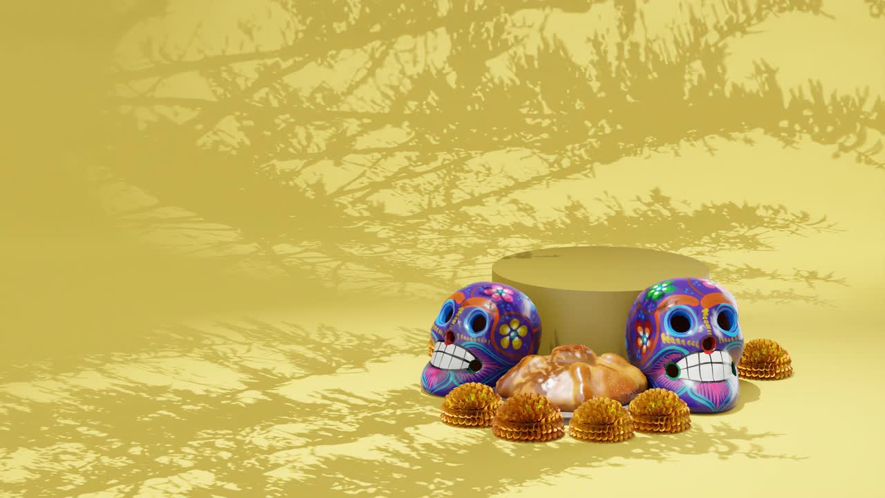 fondo amarillo con calaveras púrpuras y pan de muerto