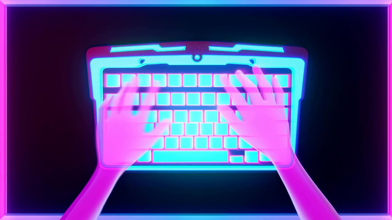 Förhöjd uppifrån-vy av genomskinliga rosa händer över ett upplyst cyanfärgat tangentbord, som visar rytmisk skrivrörelse, glödande kontrast, elegant digital arbetsplatsdetalj och djärv futuristisk stil.