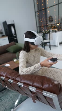 woman experiencing virtual reality at home