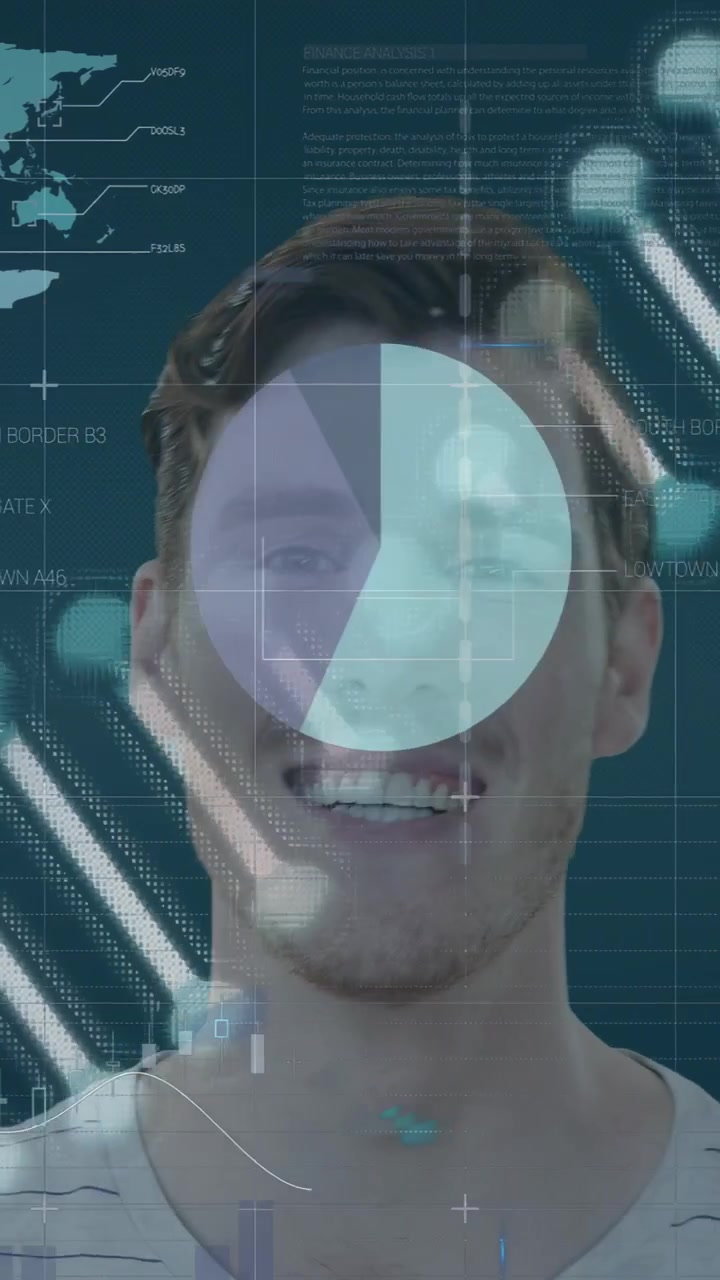 Vertical video: Presenter tilting head, smiling on tech backdrop, charts reacting and sweeping face
