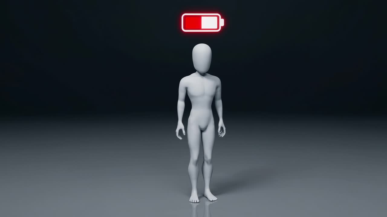 White 3d human representation standing on dark reflective surface with low battery indicator above its head, isolated on a dark gray background