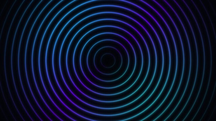 Círculos concêntricos abstratos em neon azul e roxo pulsantes