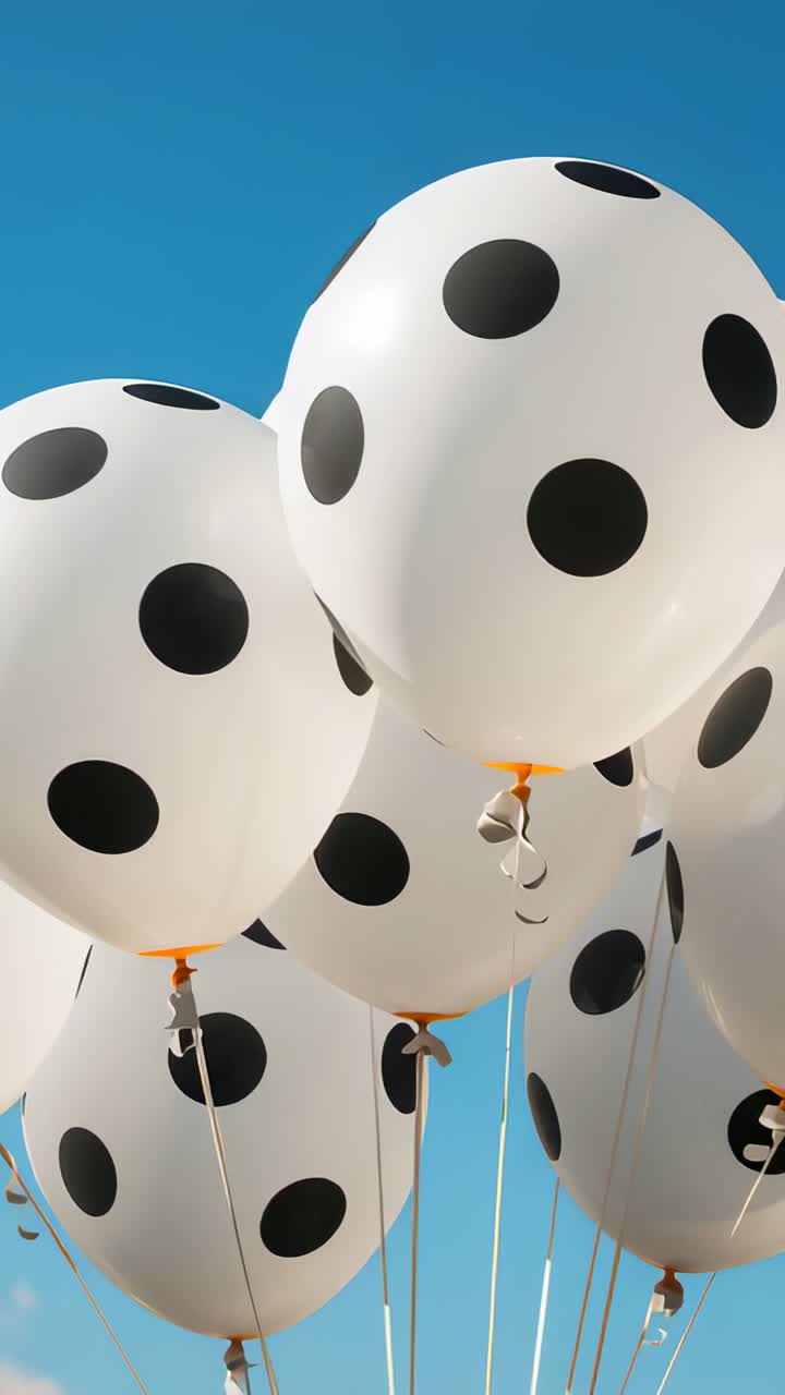 Lodret video: Hvide, prikkede balloner, der vugger i vinden mod en blå himmel med orange snore