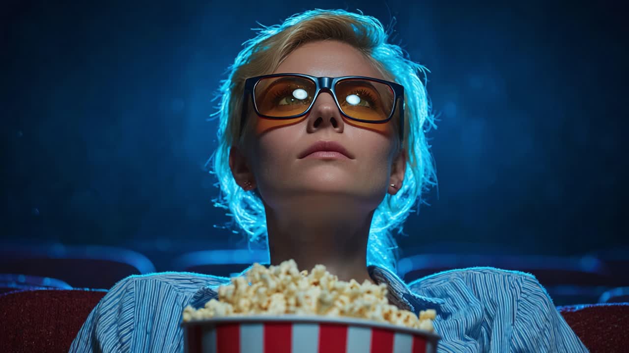 Fengslende filmopplevelse: En begeistret kinogjenger nyter en fengslende film med popcorn og 3D-briller i et mørklagt kinomiljø