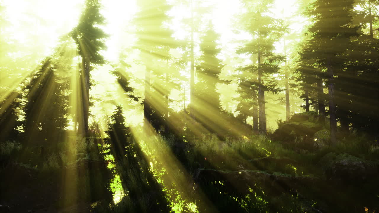 Sunlight filters through tall trees in a peaceful forest during daytime