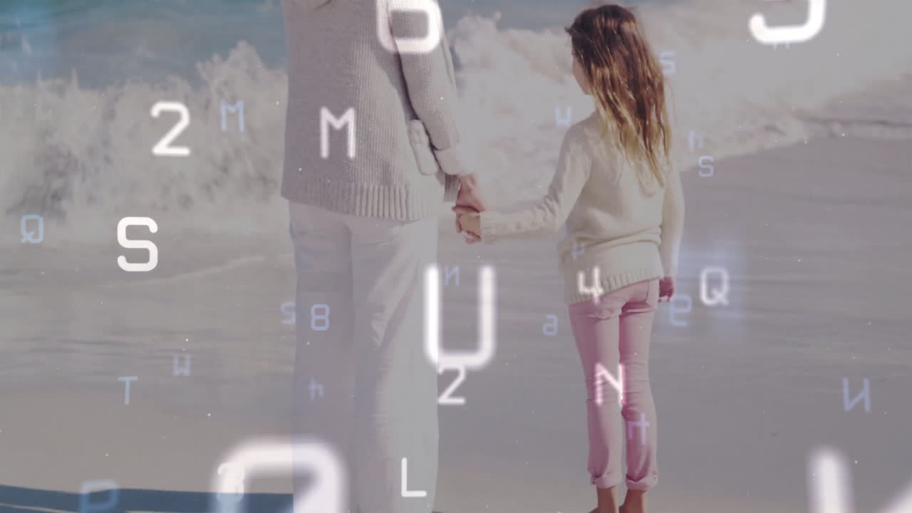 On beach, mother and child holding hands with animation of letters and numbers