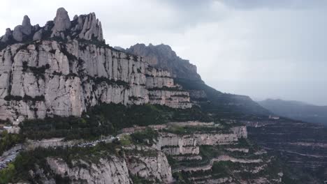 wide view of montserrat mountain ridge under cloudy sky in catalonia, spain