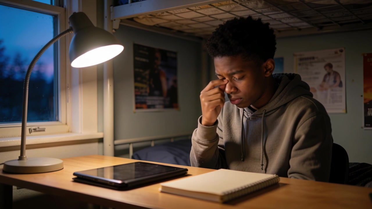 Pinching nose student gray hoodie at desk after looking down at notebook, desk lamp and tablet