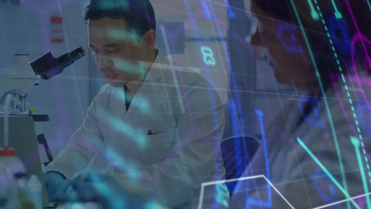 Lab scientist adjusting microscope while examining specimen, animated data diagrams swirling around