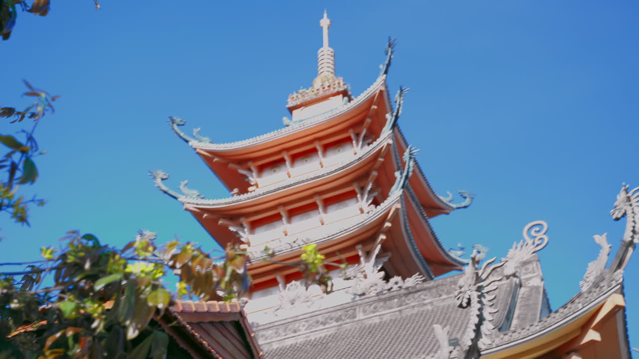 Capture the stunning view of a pagoda's architectural beauty set against a backdrop of clear blue sky