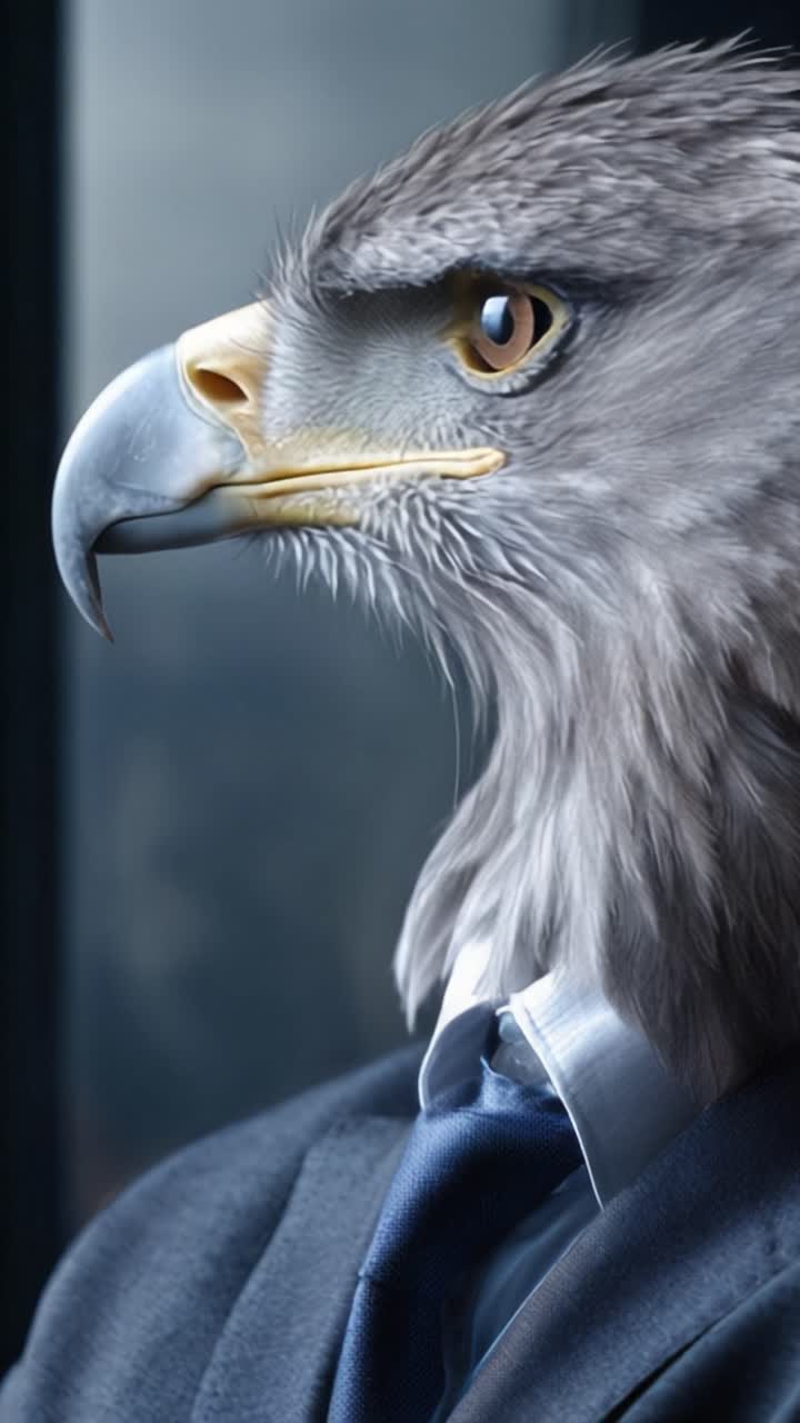 Un'aquila maestosa che indossa un abito mostra un'impressionante fusione di natura e professionalità, simboleggiando potere, saggezza e leadership in un ritratto accattivante.