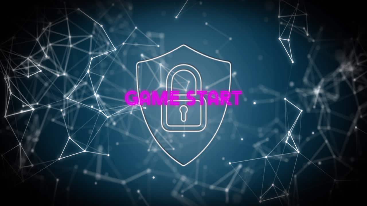 Digital lock and Game Start text over network connections animation
