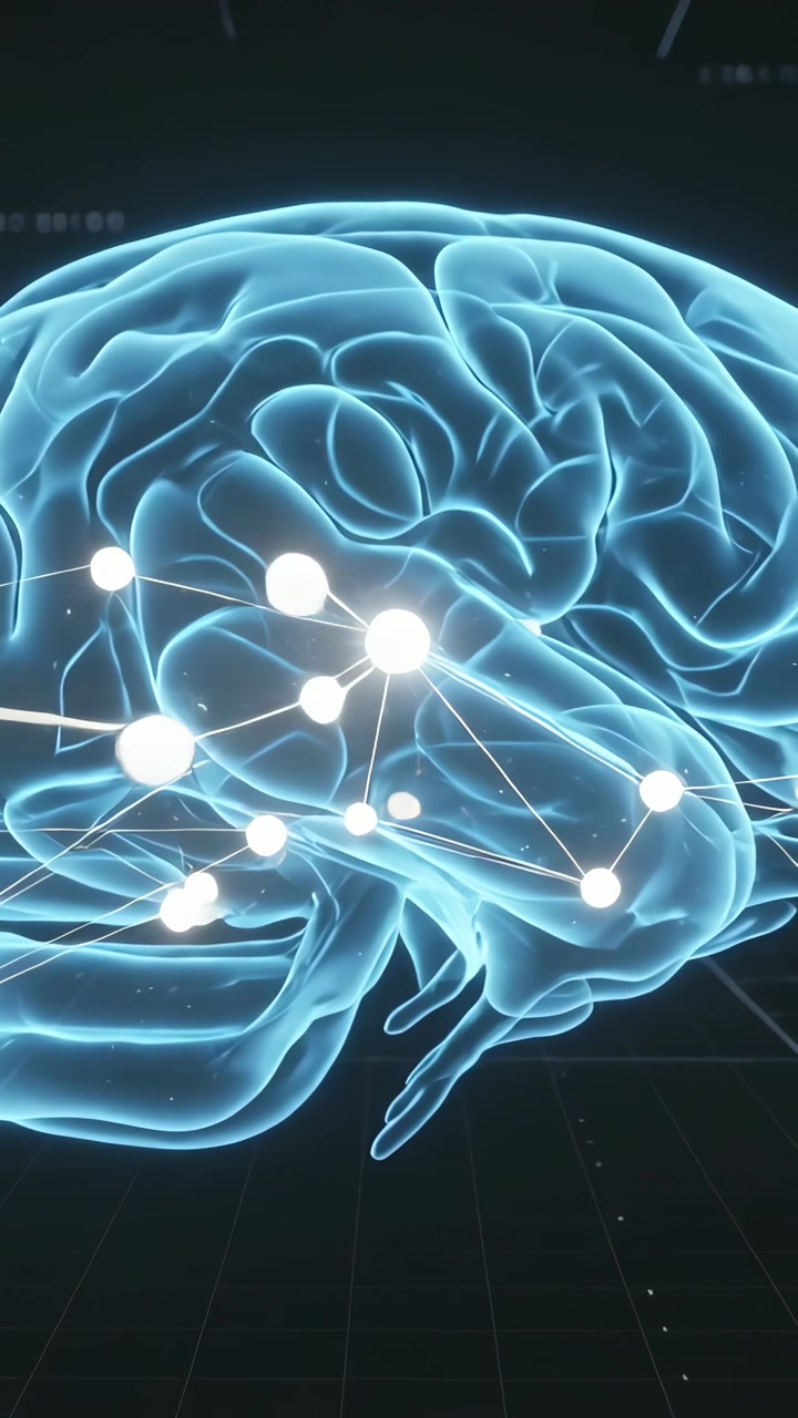 Vertical video: Animating 3D brain over dark grid, nodes forming links into hub showing activation
