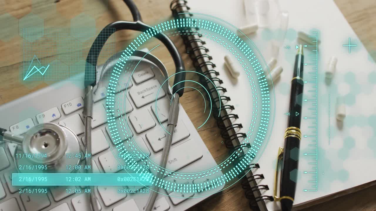 animación de escaneo de alcance y procesamiento de datos sobre el consultorio del médico con estetoscopio y pastillas