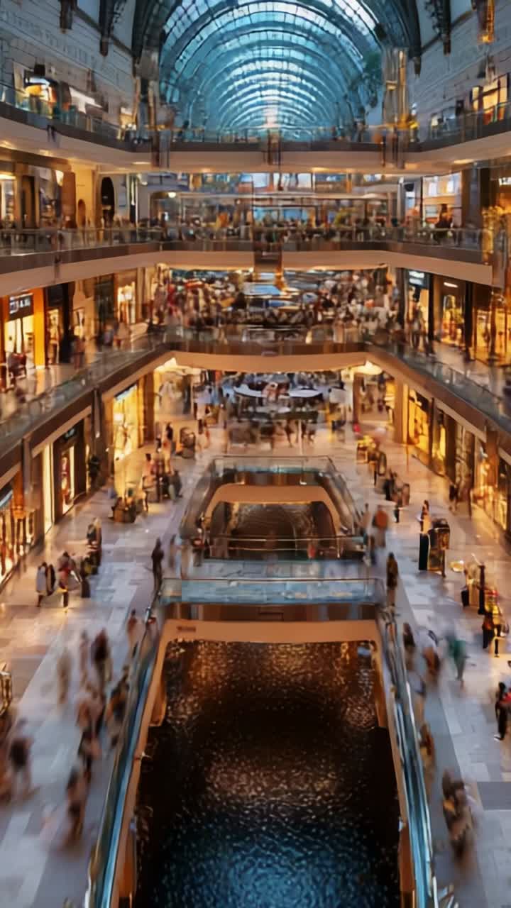 A bustling shopping mall interior showcasing a vibrant atmosphere with multiple levels, stores, shoppers, and a stunning glass ceiling illuminating the scene