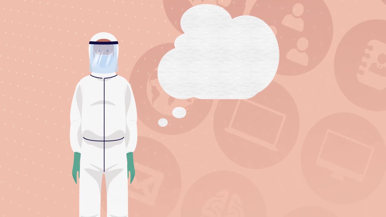 의료 아이콘 위에 얼굴 마스크를 쓴 남성 의사의 애니메이션