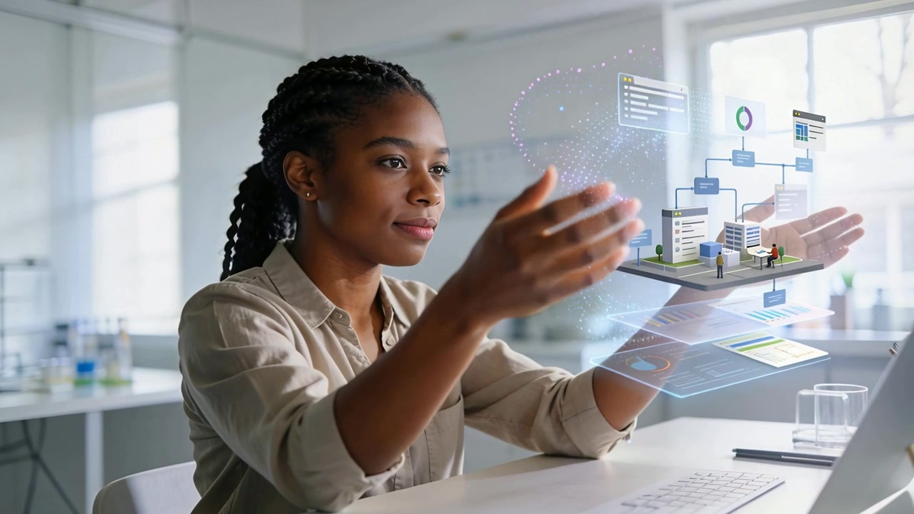 Noticing holographic panel, woman in khaki shirt manipulating 3D model for demo at desk, copy space