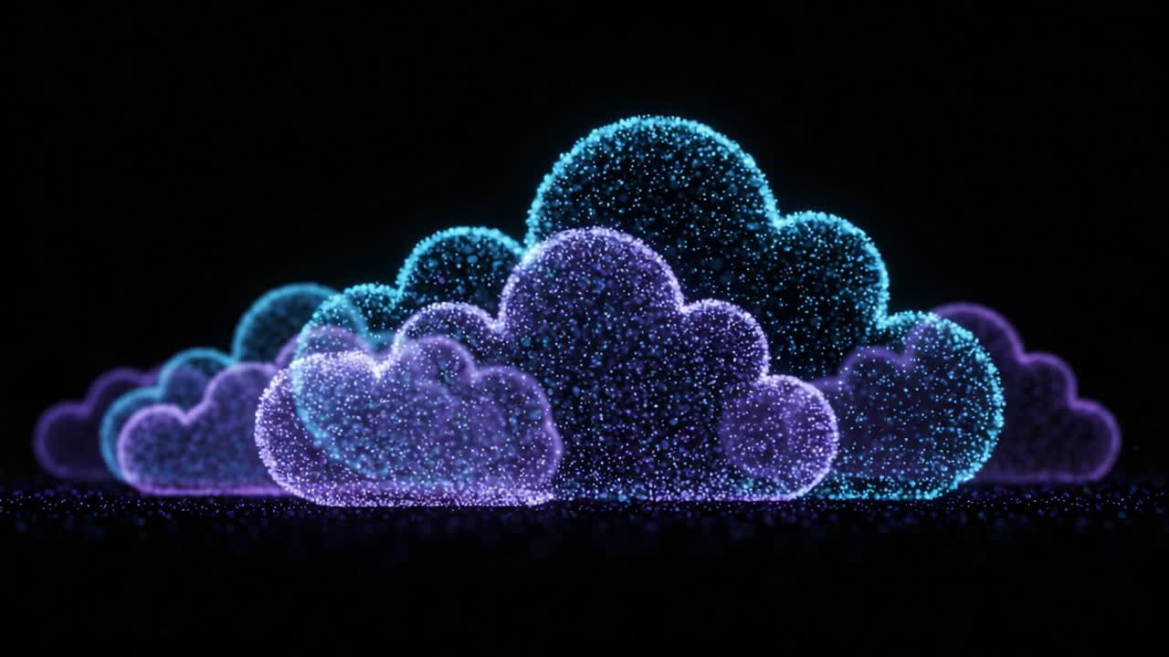 Mesmerizing Glowing Clouds: A Stunning Visual Display of Ethereal Floating Formations in Vibrant Colors and Particle Effects Set Against a Dark Backdrop
