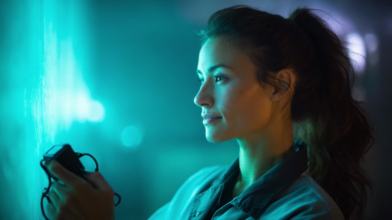 A focused woman using a device to interact with a glowing surface, illuminated by soft teal light, showcasing a moment of concentration and curiosity amidst an intriguing environment