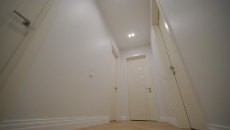 modern hallway with a herringbone parquet floor and soft overhead lighting creating a welcoming entrance