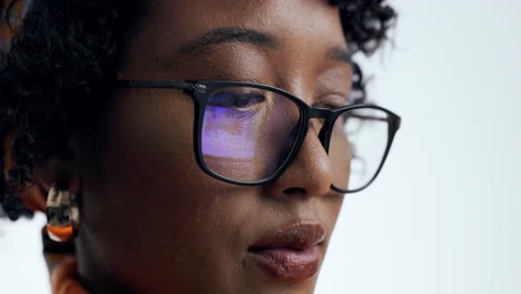 face, woman and glasses reflection at computer