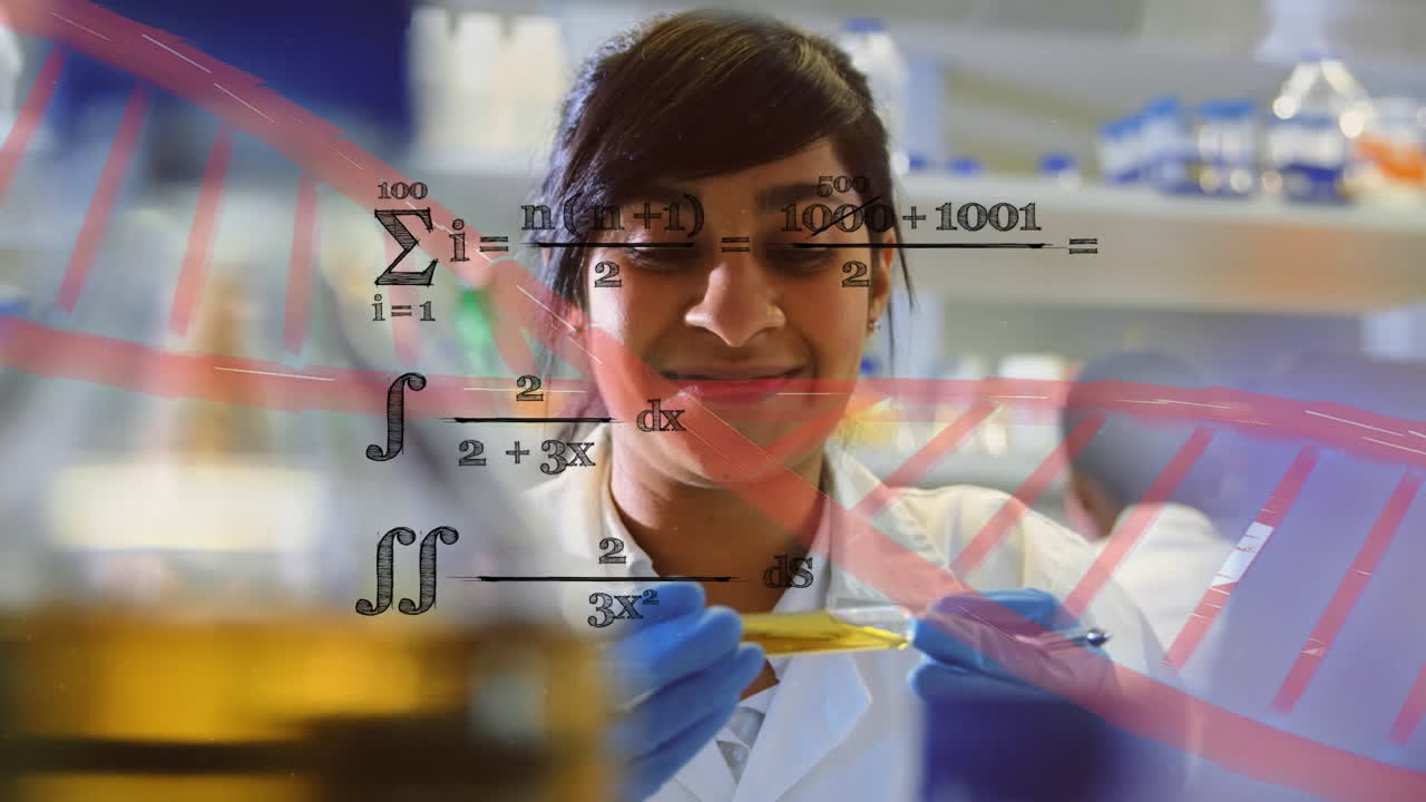 animación de procesamiento de datos científicos y cadena de adn sobre una científica biracial.