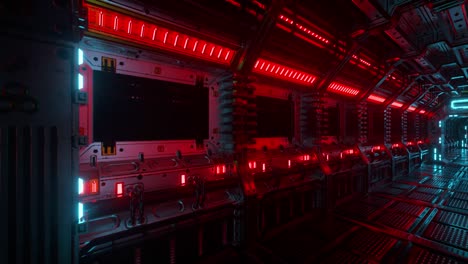flying into spaceship tunnel, sci-fi spaceship corridor. futuristic technology for technical titles and backgrounds. internet traffic graphics, speed. 3d rendering. 4k animation of seamless loop