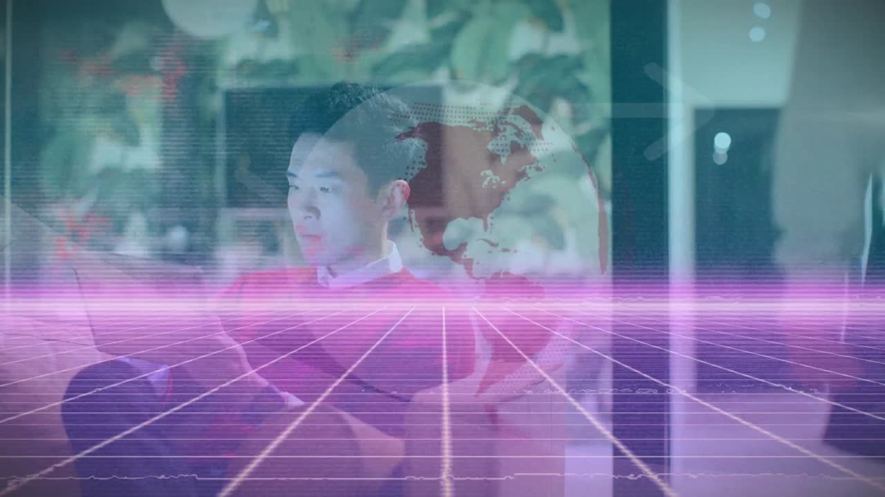 animación del globo y procesamiento de datos sobre un hombre de negocios que usa una tableta