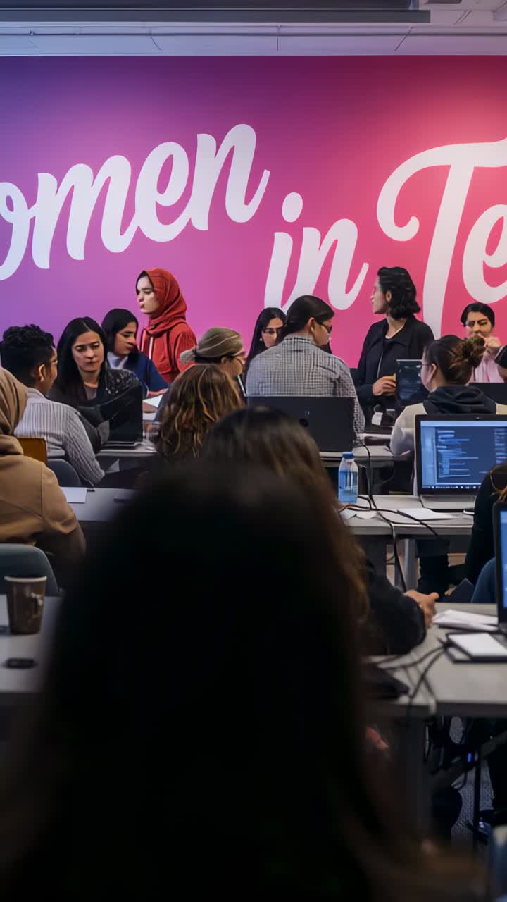 Vertical video: Standing woman in red headscarf moving toward peers at tables, seeking laptop help