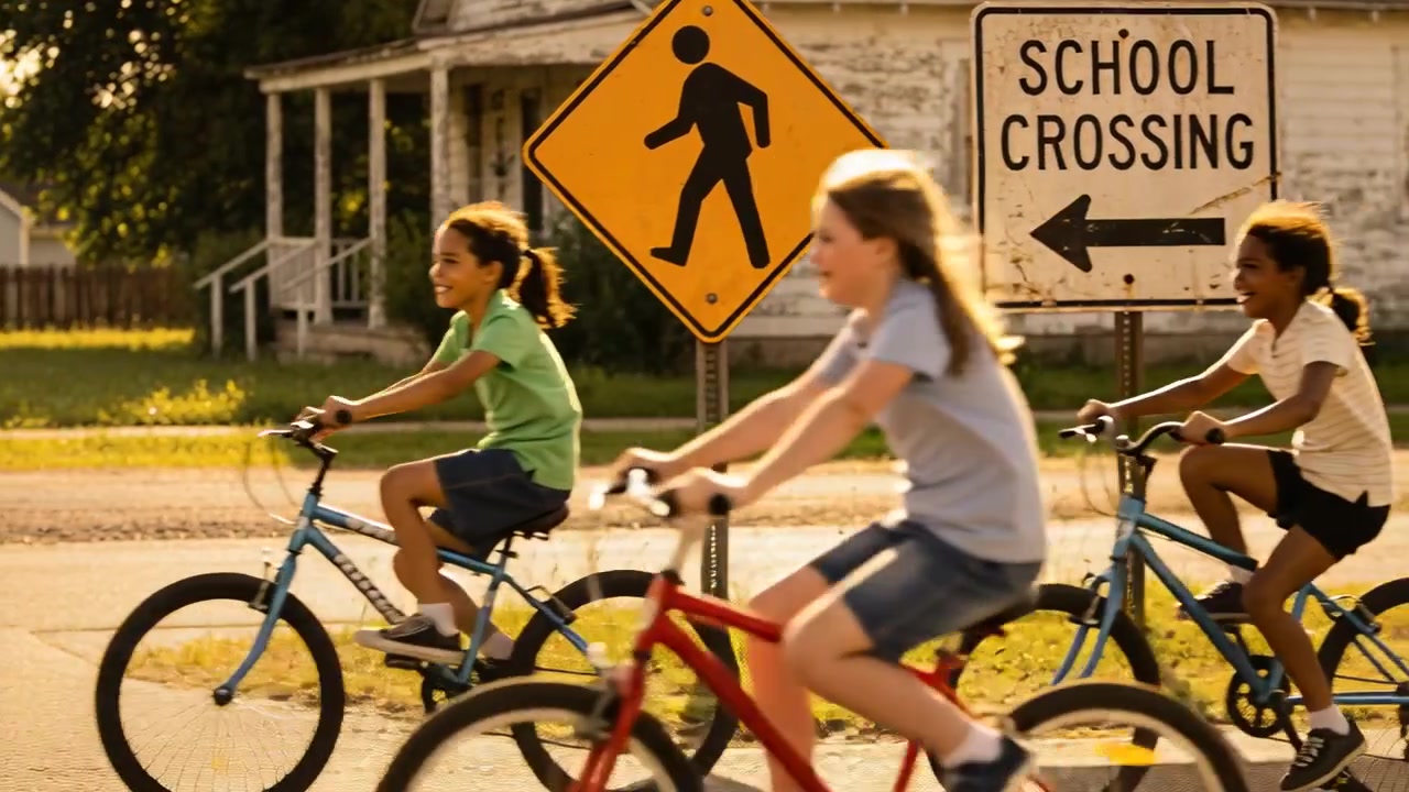 Pedaling kids on bicycles heading home along suburban street, passing SCHOOL CROSSING sign