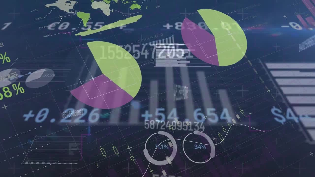 Animation of multiple changing numbers and statistical data processing against blue background