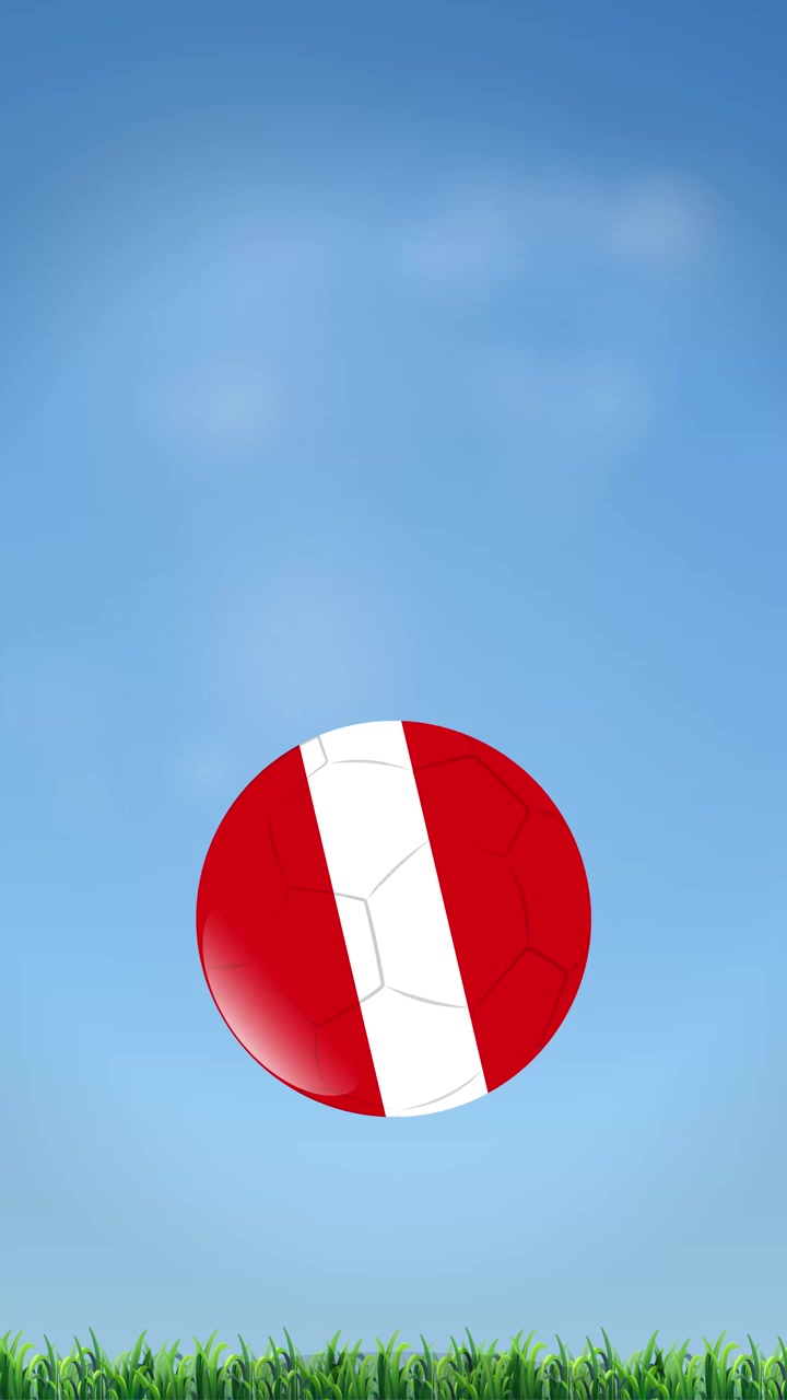 Pallone da calcio rosso e bianco che rimbalza sull'erba verde contro il cielo blu, con orientamento verticale