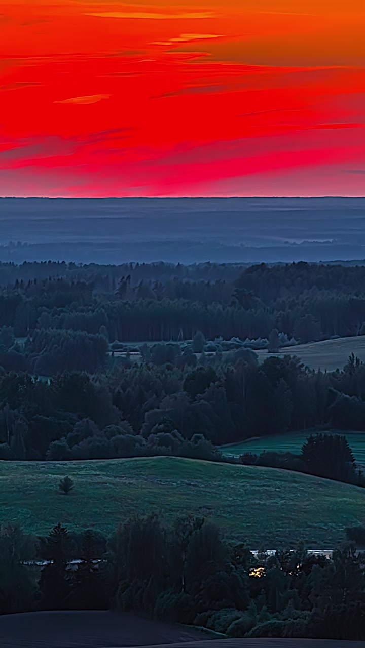 The sky above a wooded area slowly changes from orange to dark red during twilight.
