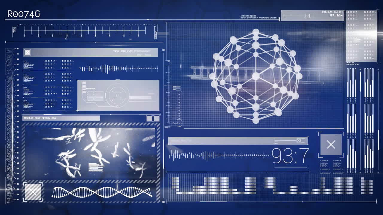 Animation of globe spinning scope scanning data processing on blue background